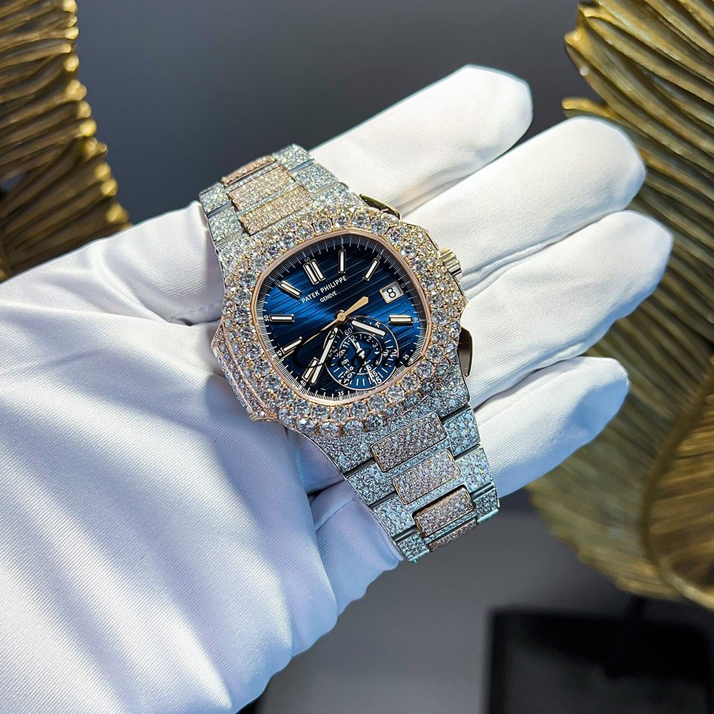 Patek philippe nautilus chronograph date 5980 1ar 40 5mm steel rose gold blue dial custom diamond set 2 min